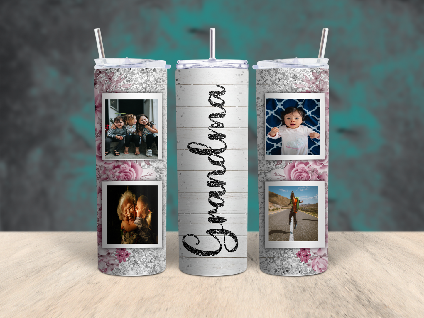 Glitter Flower Grandma Customized Photo Tumbler