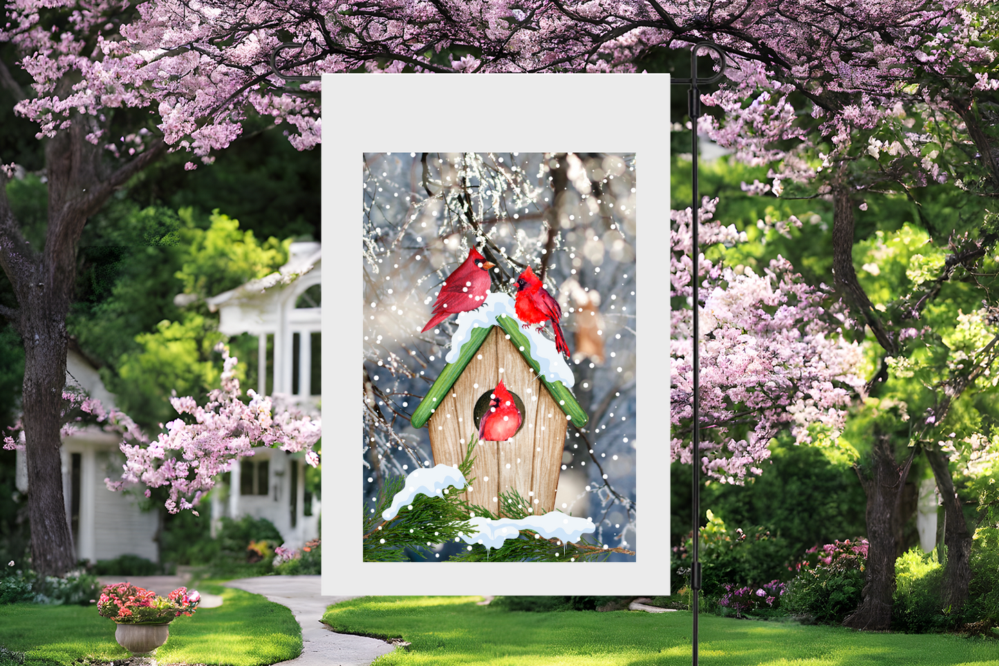 Winter Cardinals with Birdhouse Garden Flag