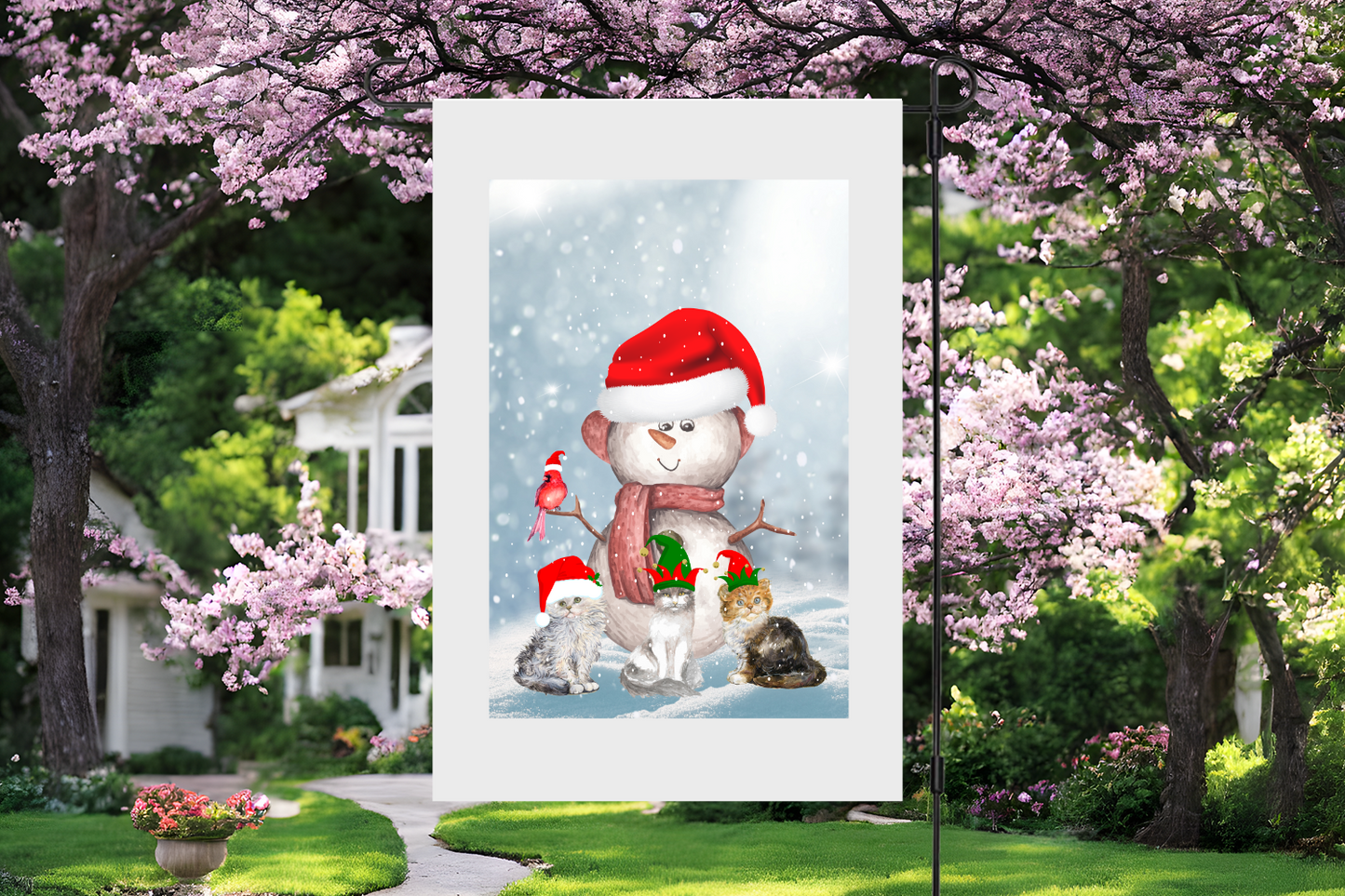 Snowman & Kittens Garden Flag