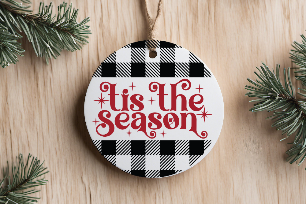 Tis The Season Black & White Buffalo Plaid Ornament