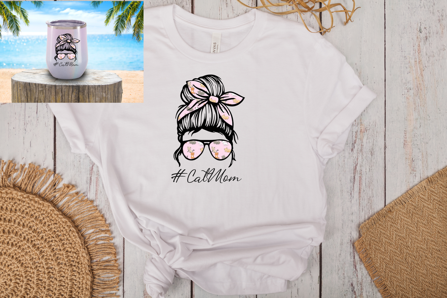 Cat Mom Messy Bun T-Shirt and Wine Tumbler Set