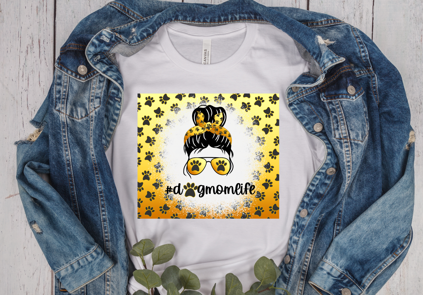Dog Mom Life Pawprint Messy Bun T-Shirt