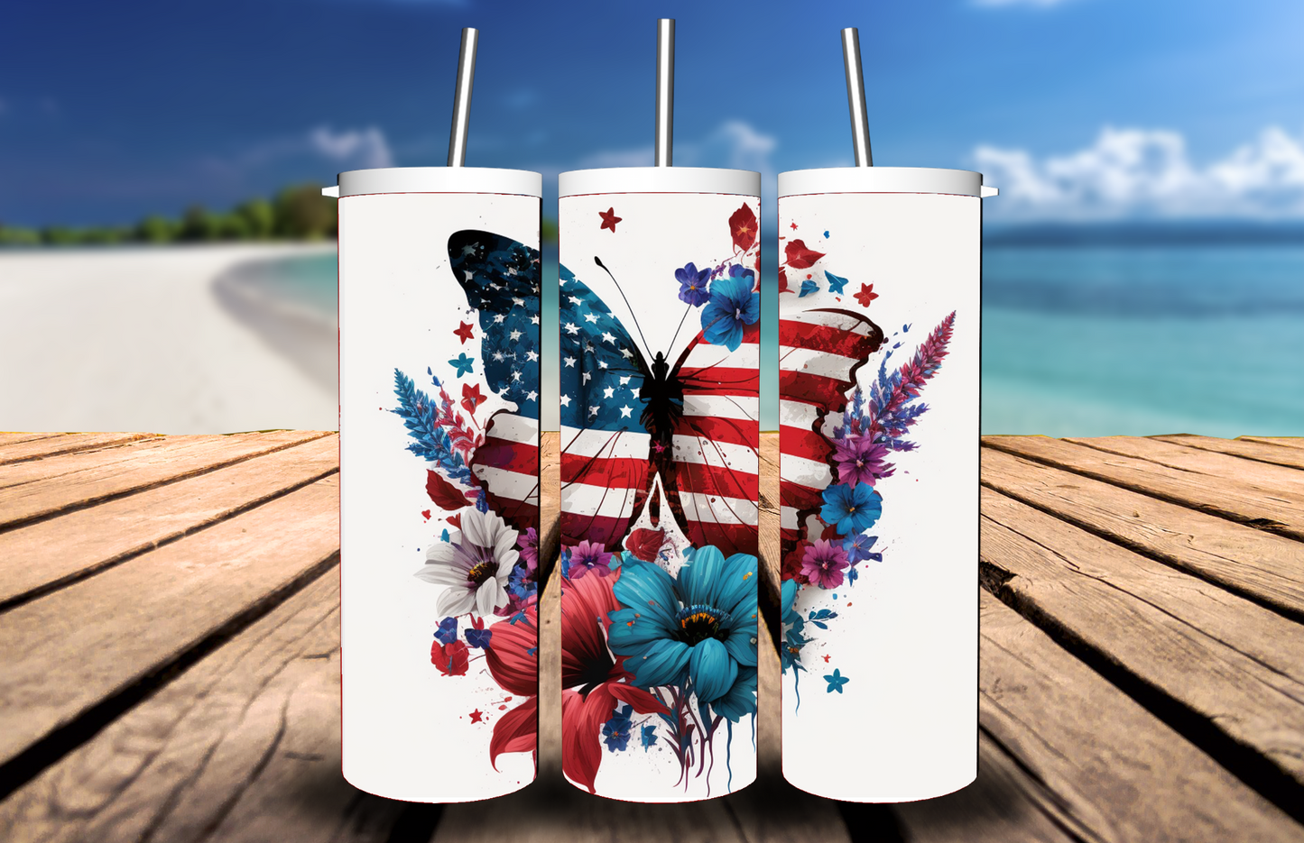 4th of July- Patriotic Butterfly & Flowers Tumbler