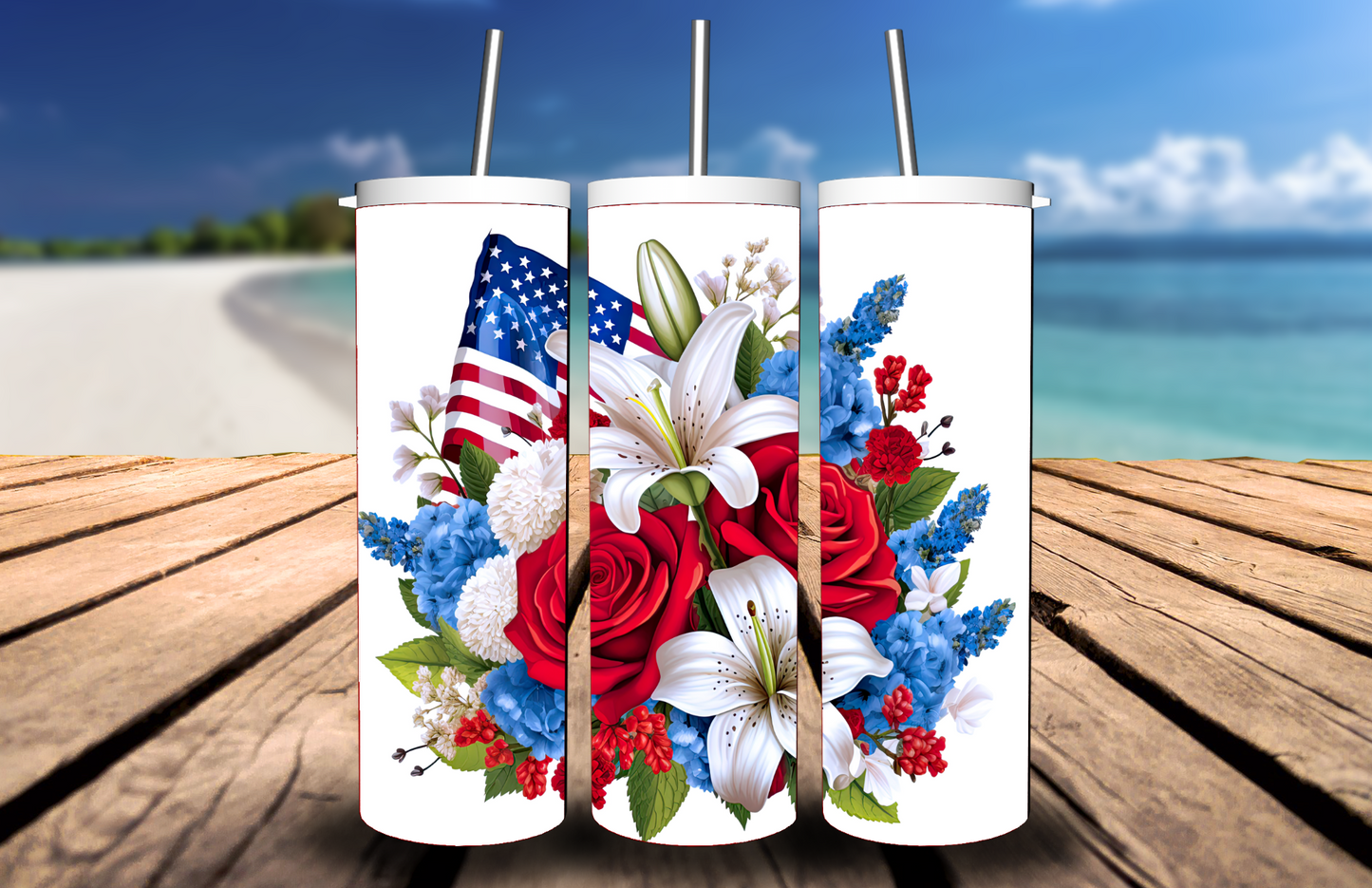 4th of July- Patriotic Flowers & American Flag Tumbler