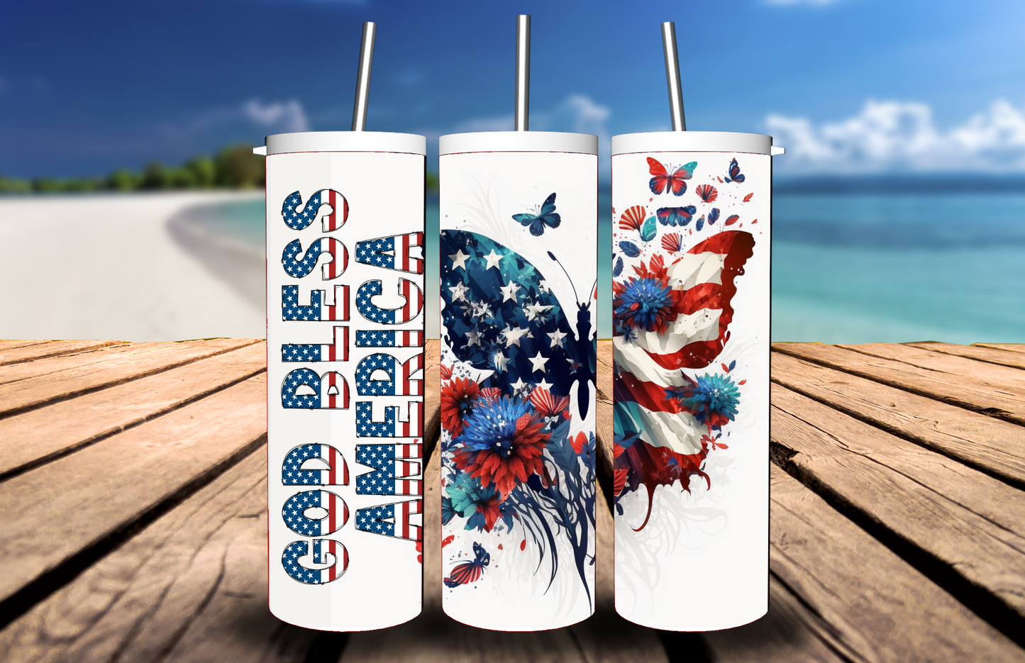 4th of July- Patriotic God Bless America Butterfly Tumbler