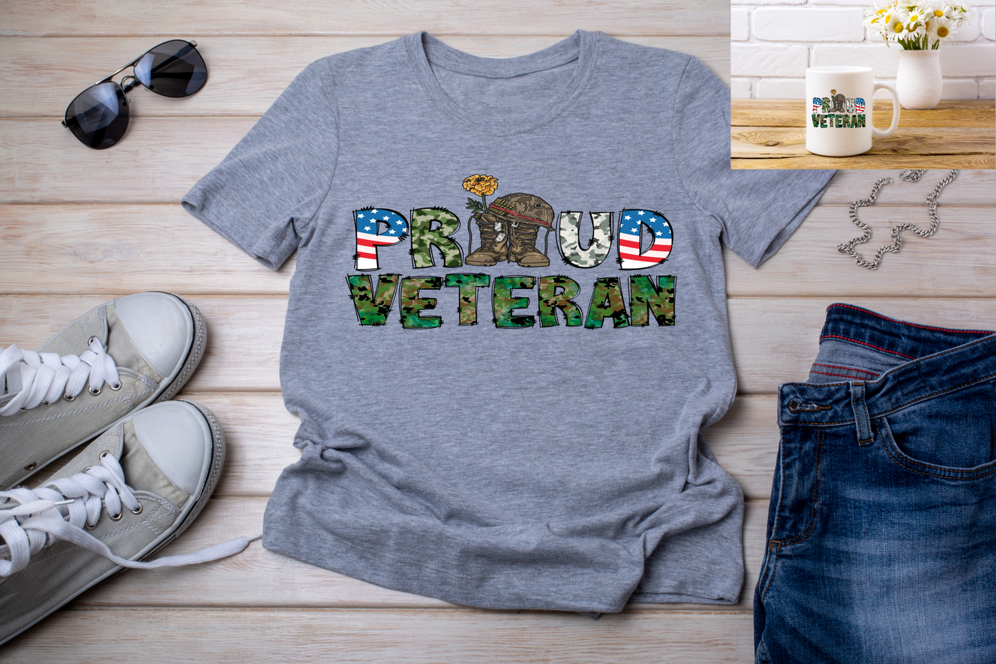 Camo/American Proud Veteran T-Shirt and Mug Set