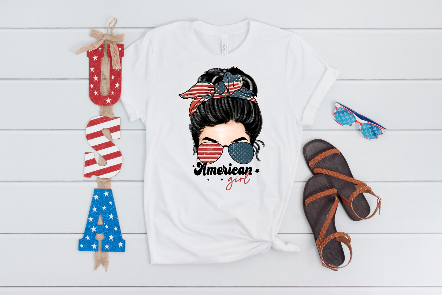 4th of July- Patriotic American Girl Messy Bun T-Shirt