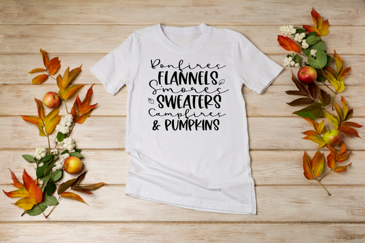 Bonfires, Flannels, Smore's, Sweaters, Campfires & Pumpkins Fall T-Shirt