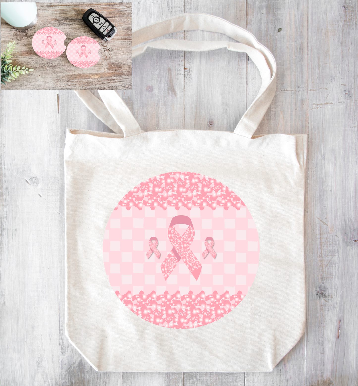 Pink Breast Cancer Canvas Tote and Car Coaster Set