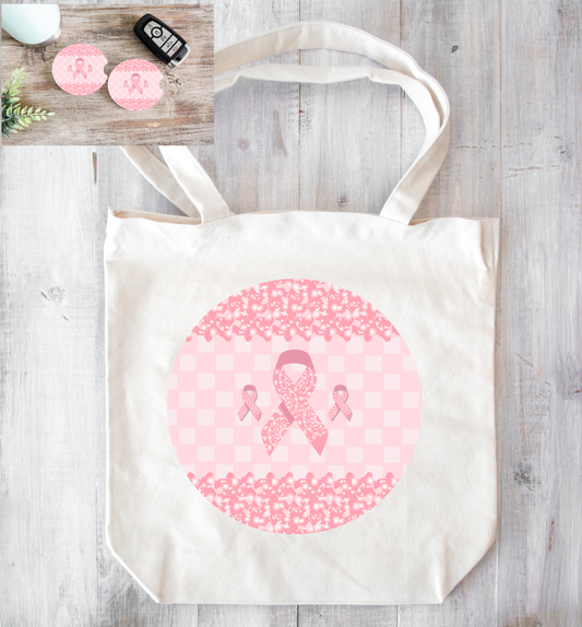 Pink Breast Cancer Canvas Tote and Car Coaster Set