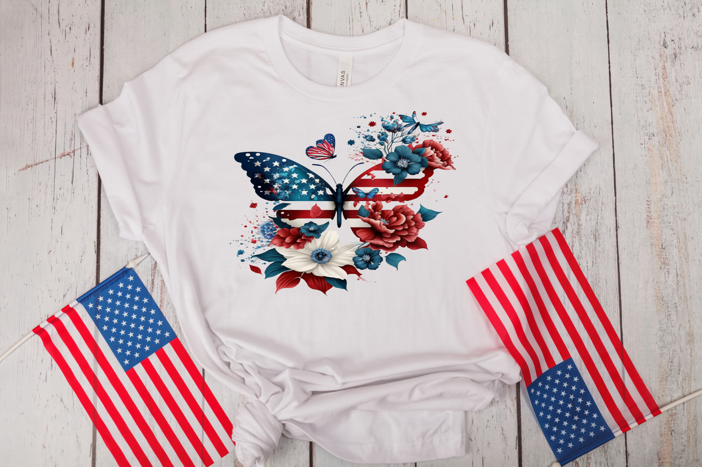 4th of July- Patriotic American Flag Butterfly and Flowers T-Shirt