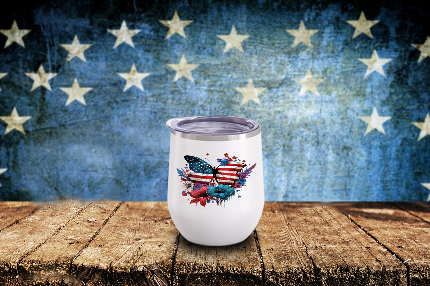 4th of July- Patriotic American Flag Butterfly & Flowers Wine Tumbler