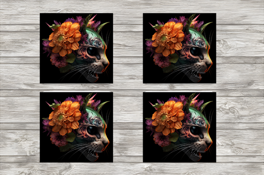 Floral Cat Skull Coasters