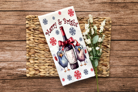 Christmas Birds Wine Merry & Bright Kitchen Towel