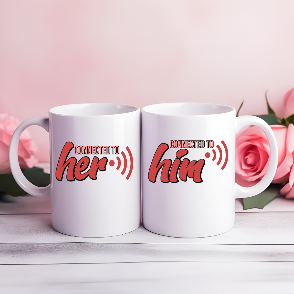 Connected to Him/Her Couples Mug Set