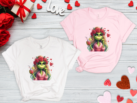 Valentine- Green Girl with Rose Headband and Cocktail Shirt