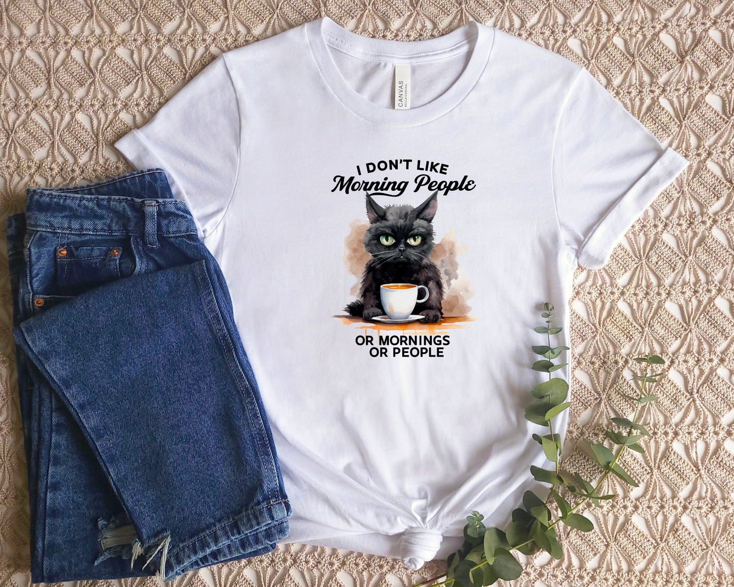 I Don't Like Morning People Or Mornings Or People Black Cat T-Shirt