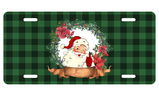 Green Buffalo Plaid Santa Wreath License Plate