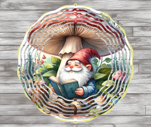 Gnome Reading Under A Mushroom Garden Wind Spinner