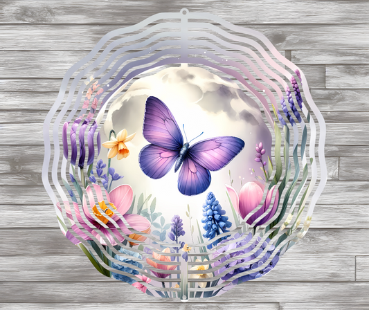 Purple Butterfly With Spring Flowers Wind Spinner