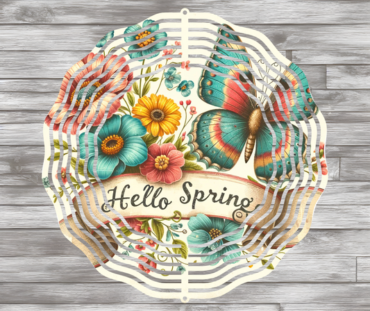 Hello Spring Butterfly and Flowers Wind Spinner