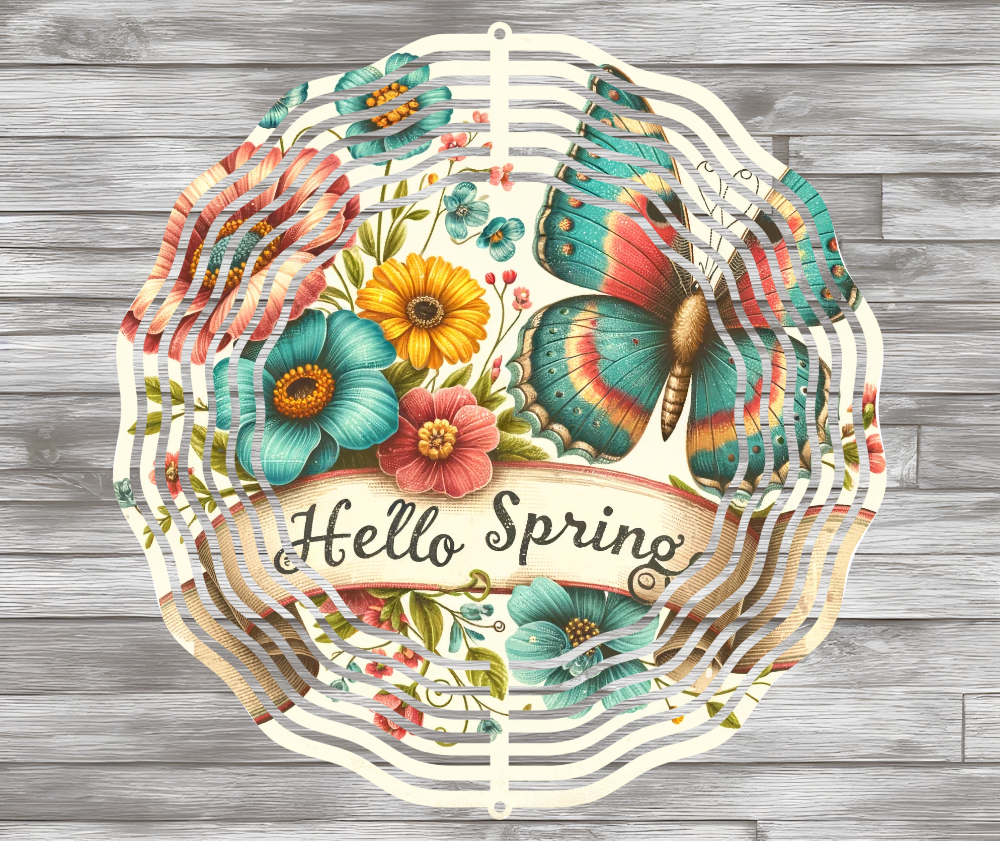 Hello Spring Butterfly and Flowers Wind Spinner