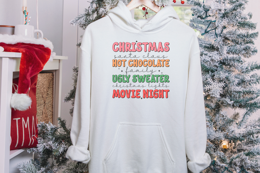 Christmas, Santa Claus, Hot Chocolate, Family, Ugly Sweater, Christmas Lights, Movie Night Hoodie