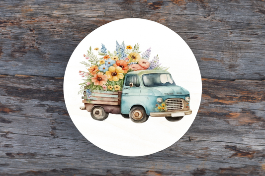 Vintage Truck with Flowers Round Sign