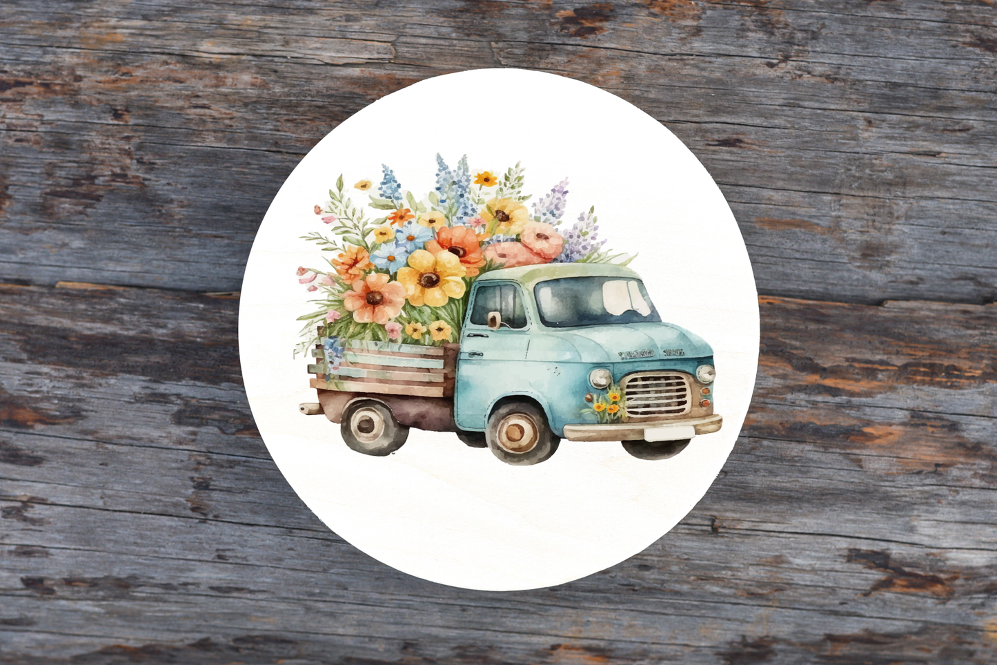 Vintage Truck with Flowers Round Sign