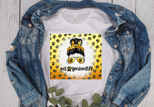 Dog Mom Life Pawprint Messy Bun T-Shirt