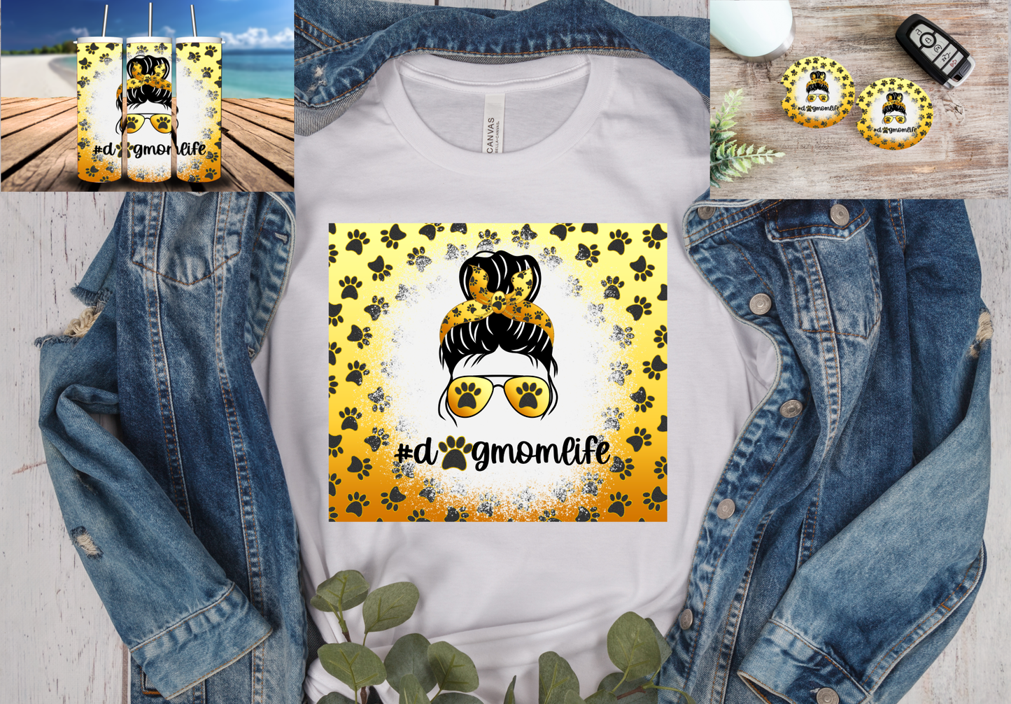 Dog Mom Life Pawprint Messy Bun T-Shirt, Tumbler and Car Coasters Set
