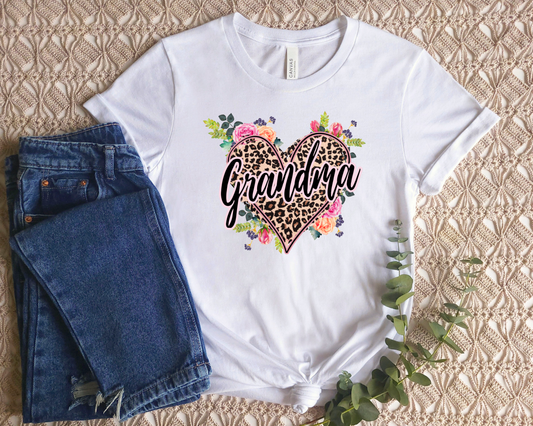 Grandma Leopard Print with Flowers Heart T-Shirt