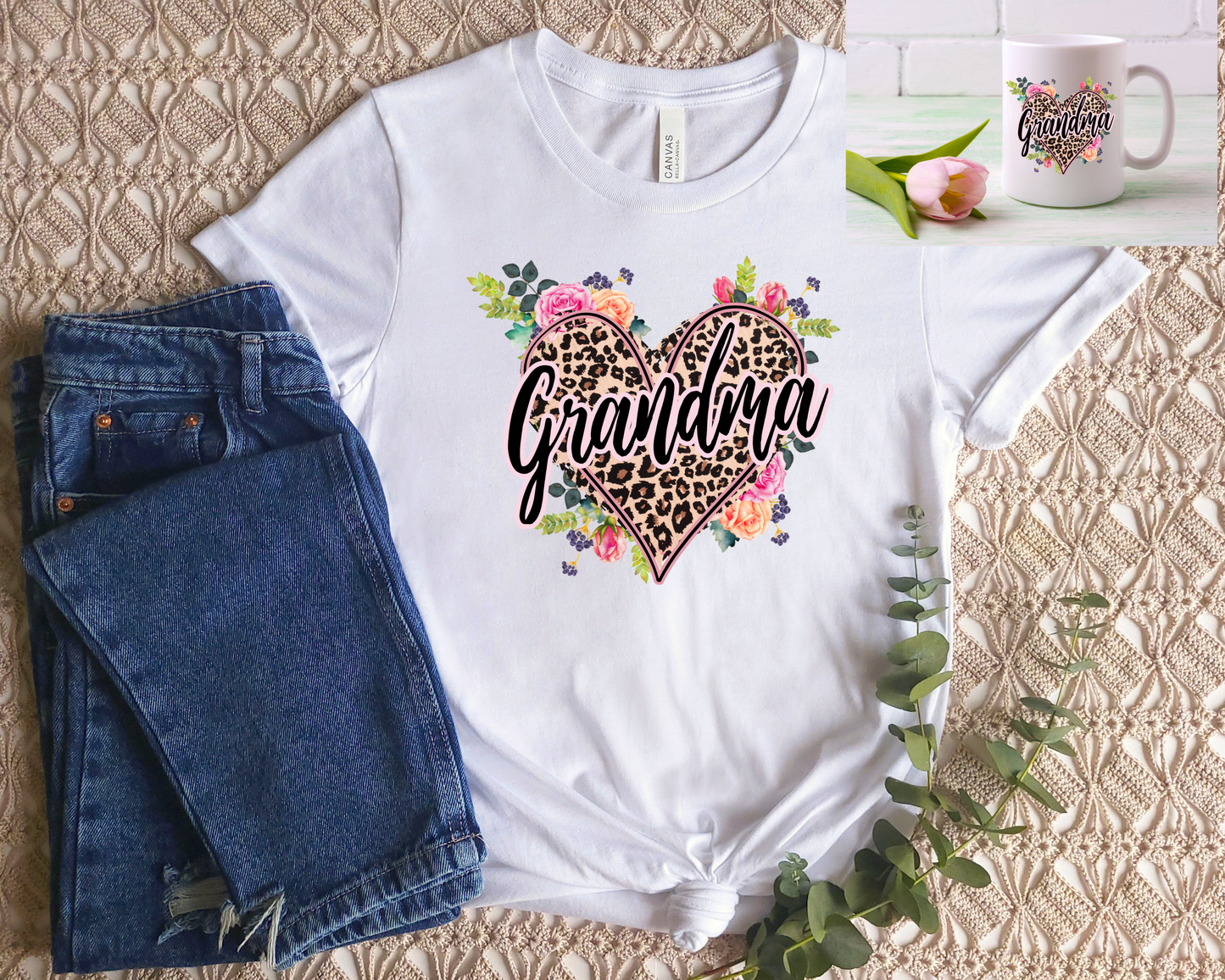 Grandma Leopard Print with Flowers Heart T-Shirt and Mug Set