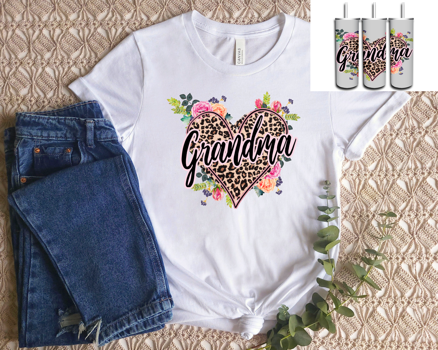 Grandma Leopard Print with Flowers Heart T-Shirt and Tumbler Set