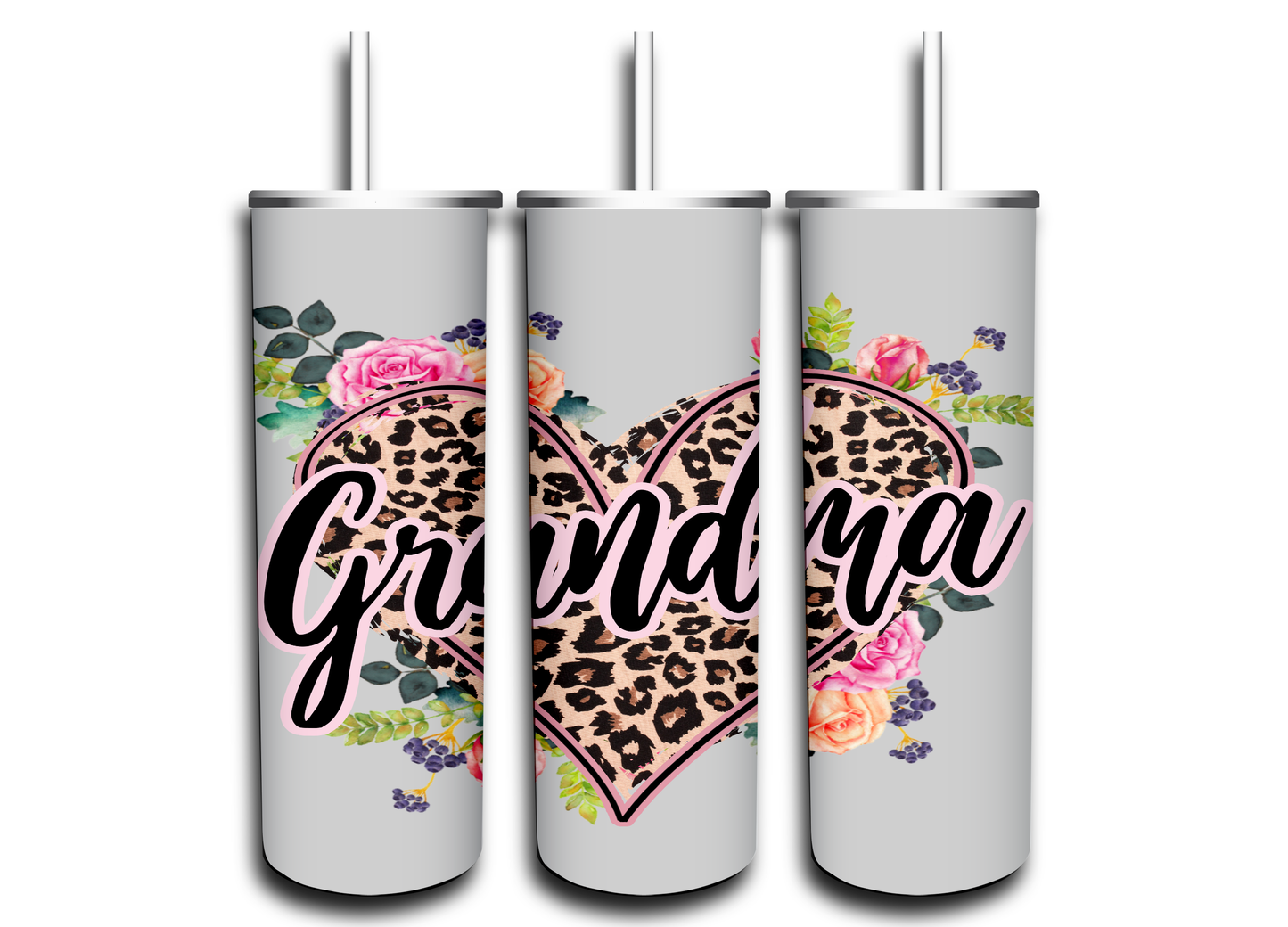 Grandma Leopard Print with Flowers Heart Tumbler