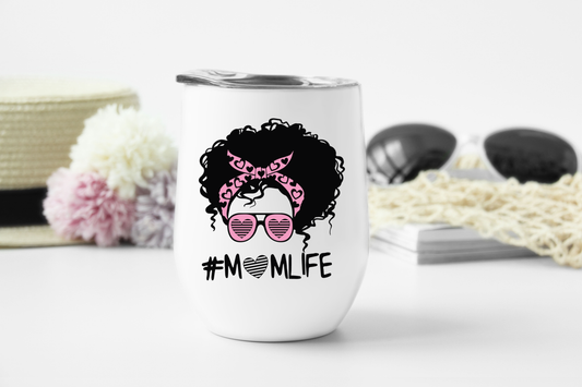 Mom Life Pink Hearts Curly Hair Messy Bun Wine Tumbler