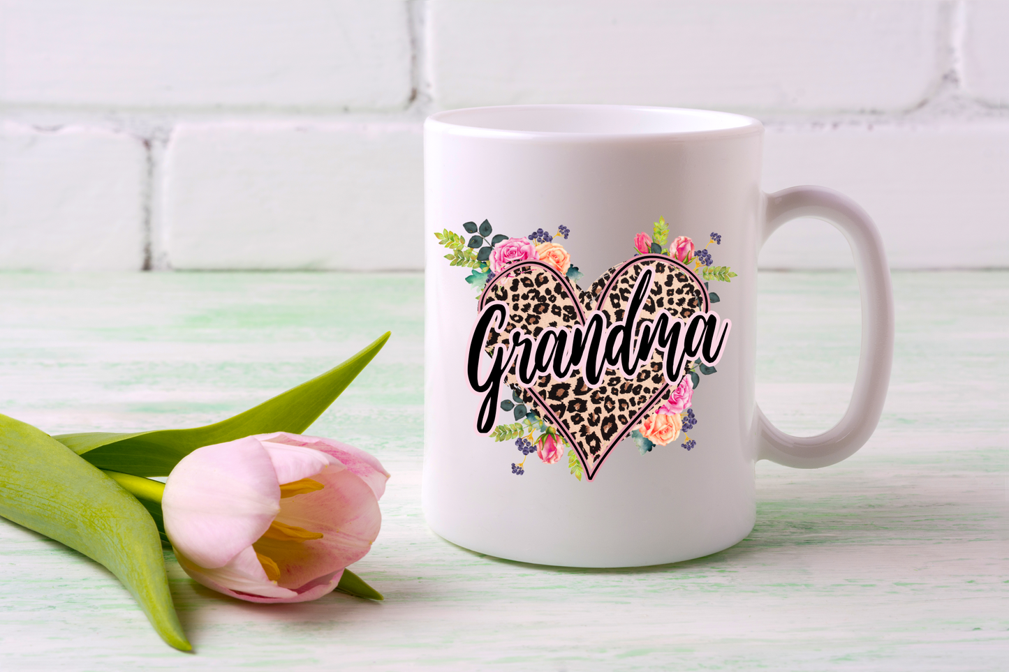 Grandma Leopard Print with Flowers Heart Mug