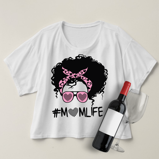 Mom Life Pink Hearts Curly Hair Messy Bun Crop Top