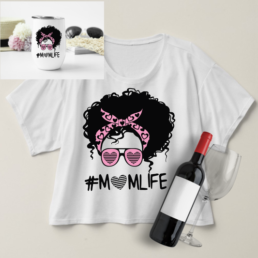 Mom Life Pink Hearts Curly Hair Messy Bun Crop Top and Wine Tumbler Set